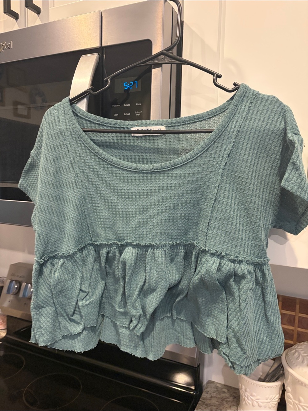 Arizona Love Teal Waffle Knit Ruffle-Hem Crop Top